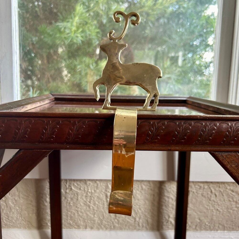 Vintage Brass Reindeer Stocking Holder, Long Mantel Hook